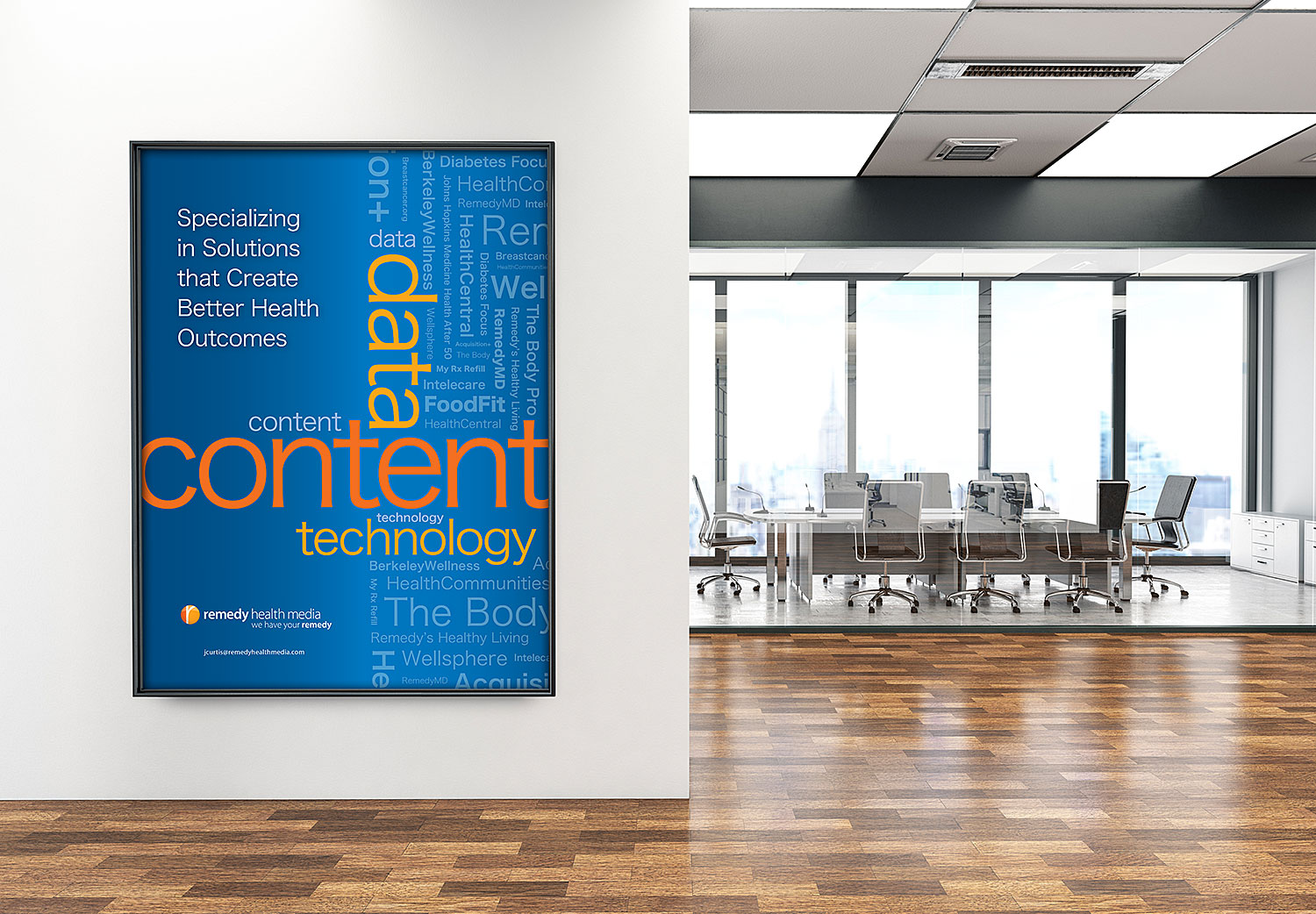 A large poster of data and content in the middle of an office.