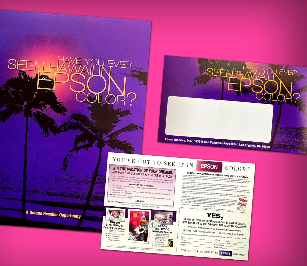 A purple and pink background with a flyer, ticket, and envelope.