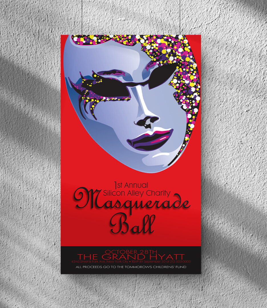 A poster of a mask with the words " masquerade ball ".